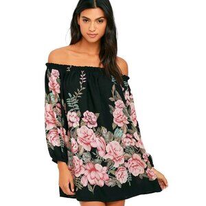 Lu Lu's Sz Small Blooming Bouquet Black Floral Print Off-the-Shoulder Mini Dress